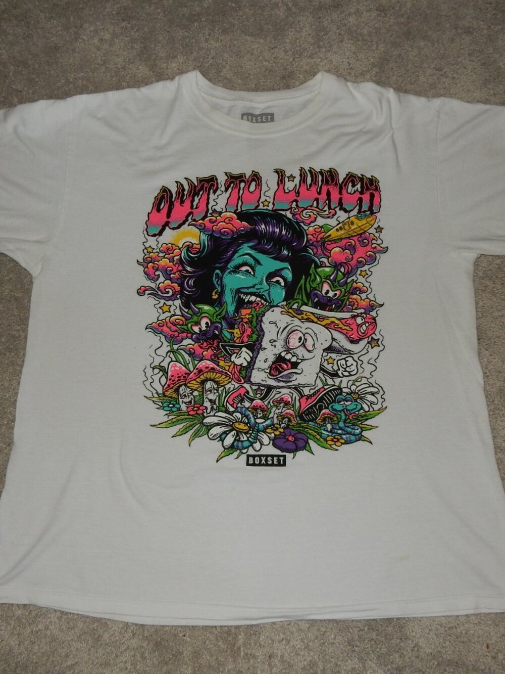 ENDS 9/1 TRIPPY Boxset tee shirt top L XL psychobilly stoner OUT TO LUNCH coop